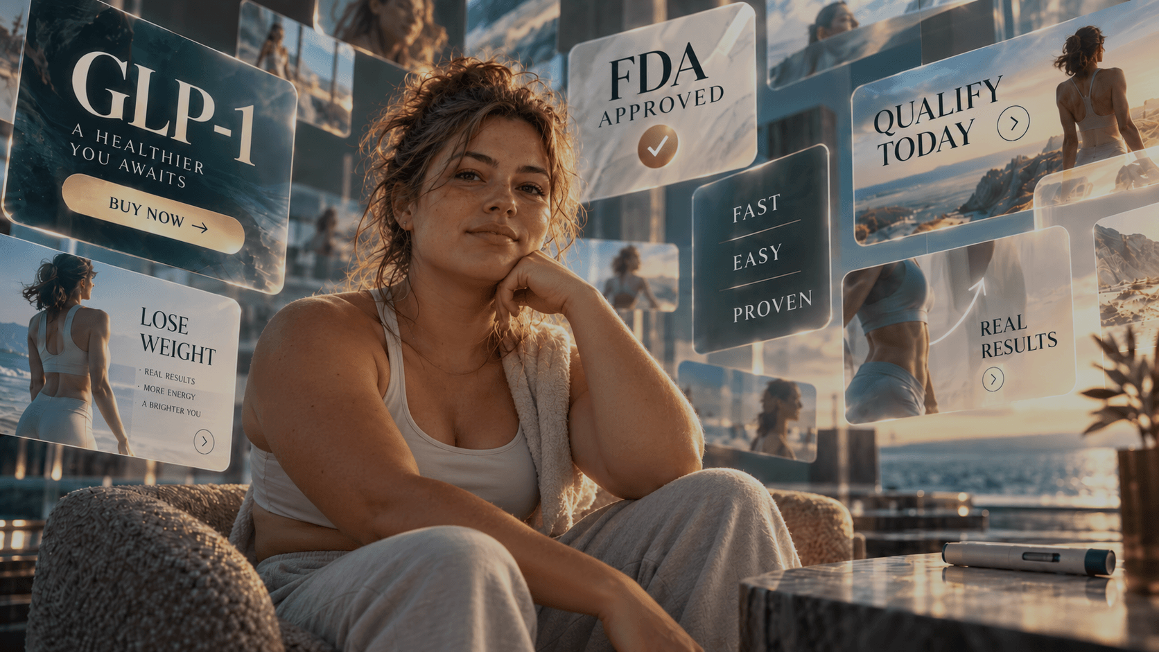 A young woman sitting in a chair with the background of marketing ads about GLP-1